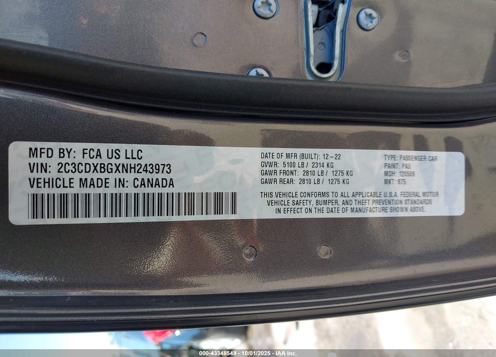 2022 DODGE CHARGER SXT RWD VIN: 2C3CDXBGXNH243973