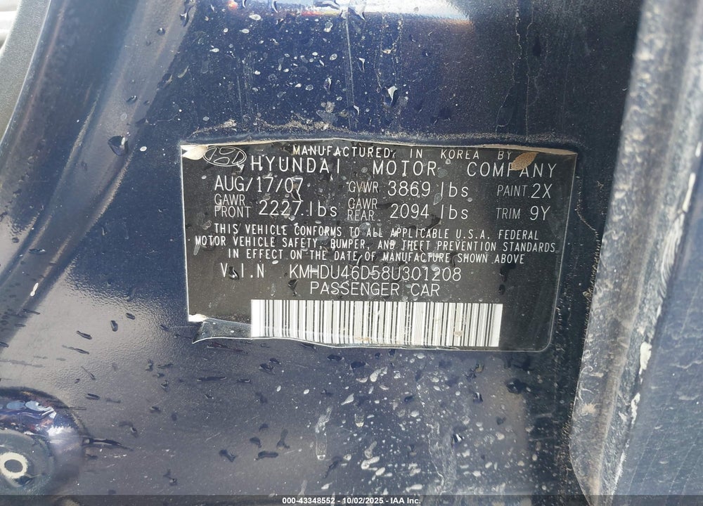 2008 HYUNDAI ELANTRA VIN: KMHDU46D58U301208