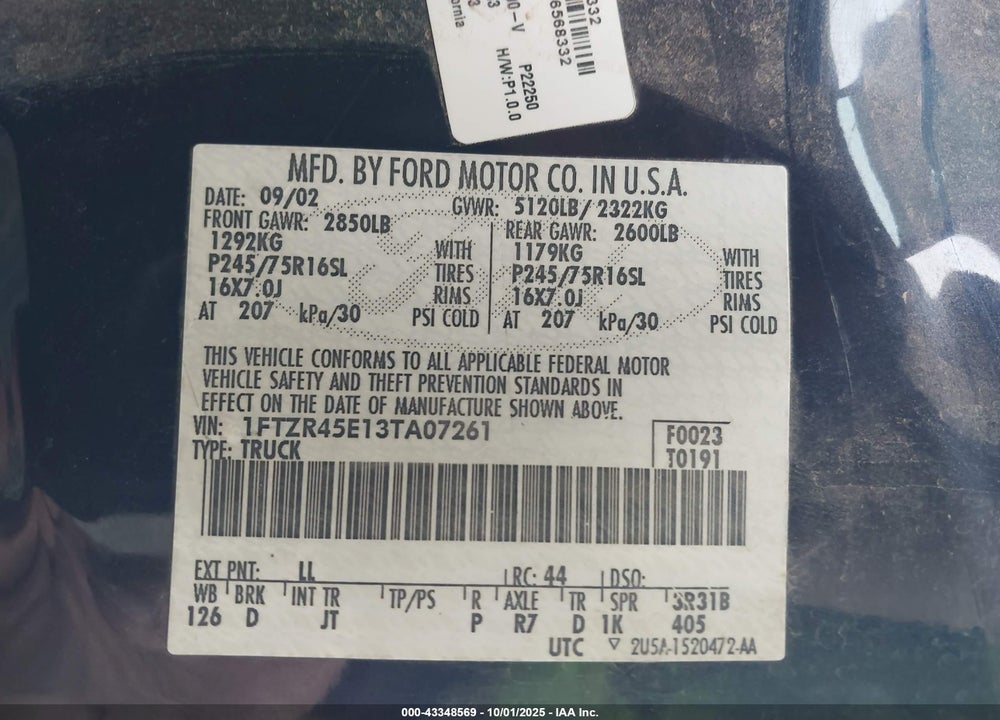 2003 FORD RANGER VIN: 1FTZR45E13TA07261