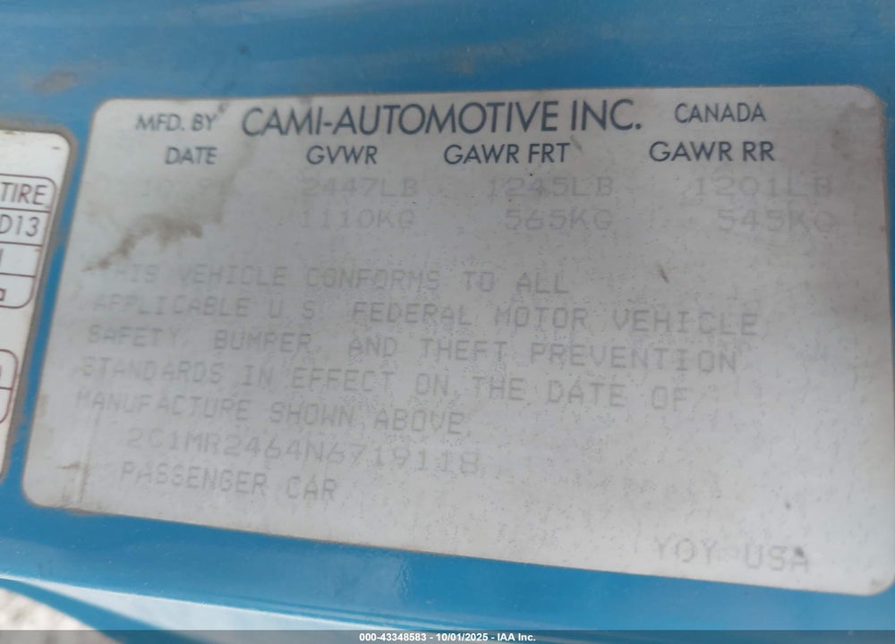 1992 GEO METRO LSI VIN: 2C1MR2464N6719118
