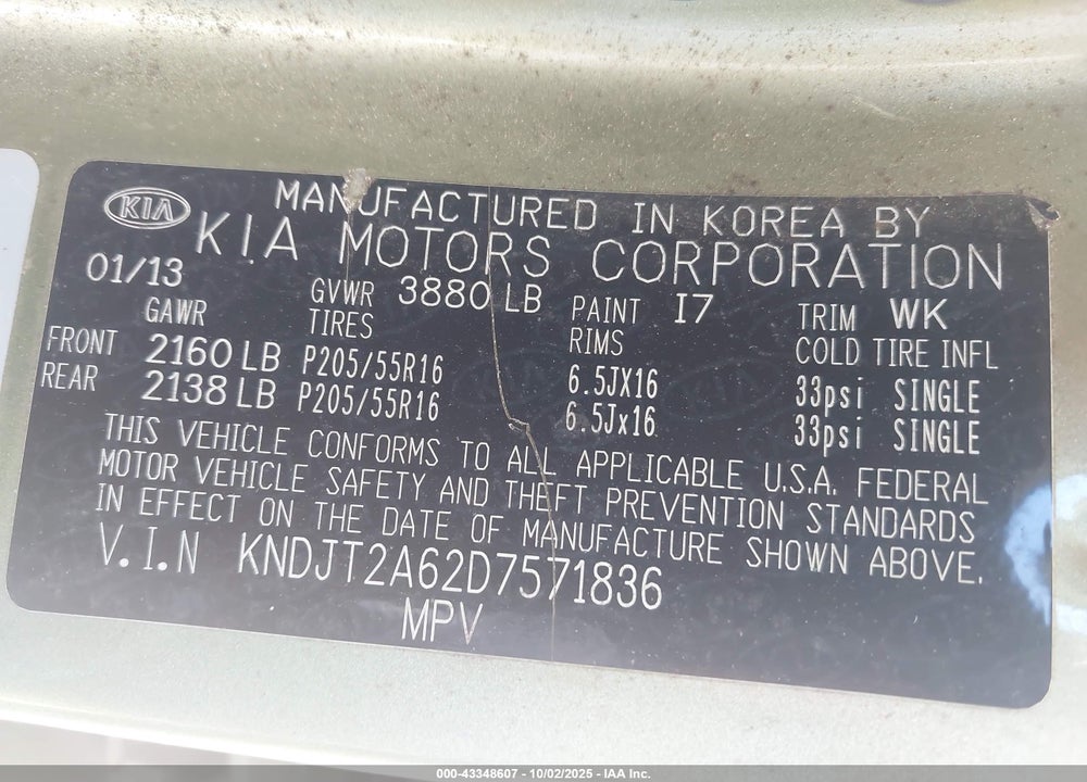 2013 KIA SOUL VIN: KNDJT2A62D7571836