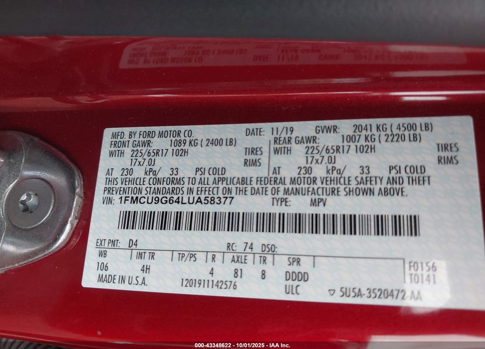 2020 FORD ESCAPE VIN: 1FMCU9G64LUA58377