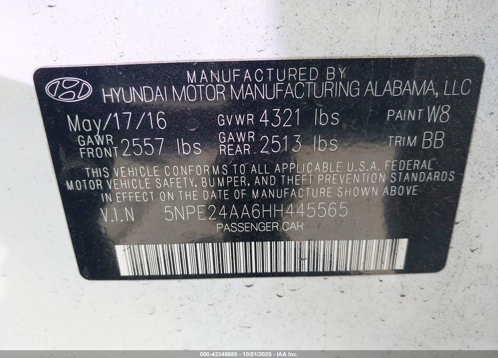 2017 HYUNDAI SONATA ECO VIN: 5NPE24AA6HH445565
