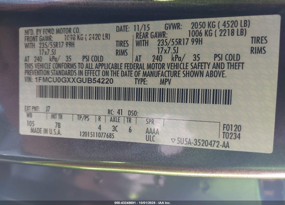 2016 FORD ESCAPE VIN: 1FMCU0GXXGUB54220