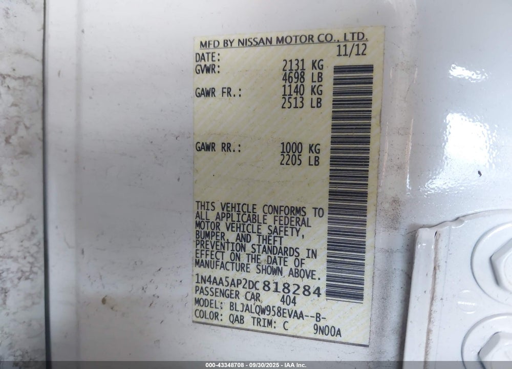 2013 NISSAN MAXIMA VIN: 1N4AA5AP2DC818284