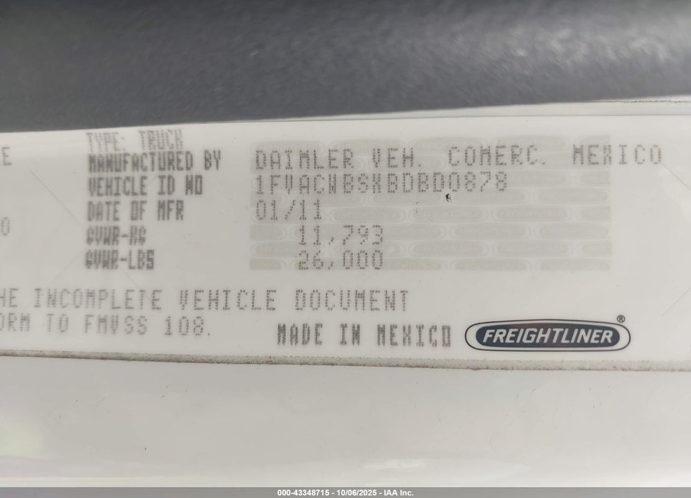 2011 FREIGHTLINER M2 106 MEDIUM DUTY VIN: 1FVACWBSXBDBD0878