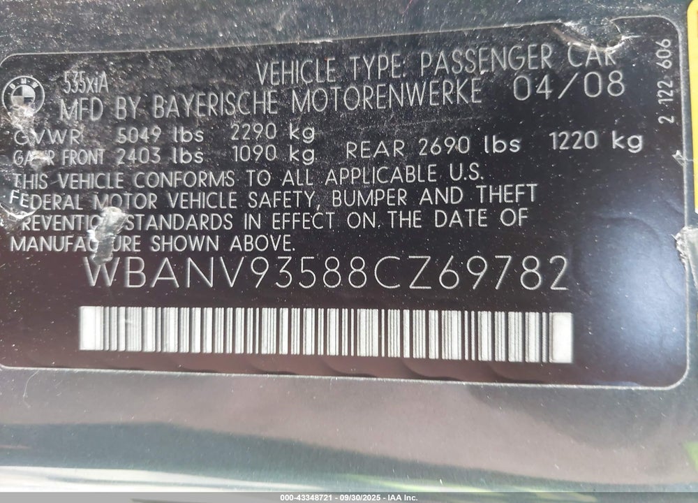 2008 BMW 5 SERIES VIN: WBANV93588CZ69782