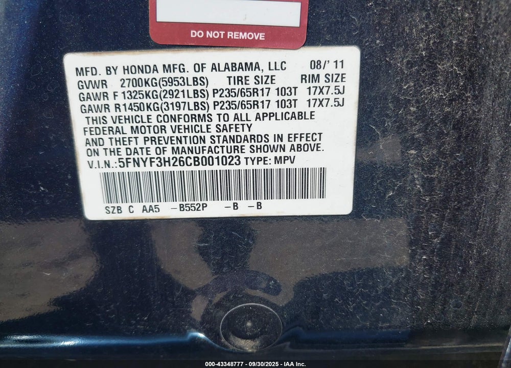 2012 HONDA PILOT LX VIN: 5FNYF3H26CB001023