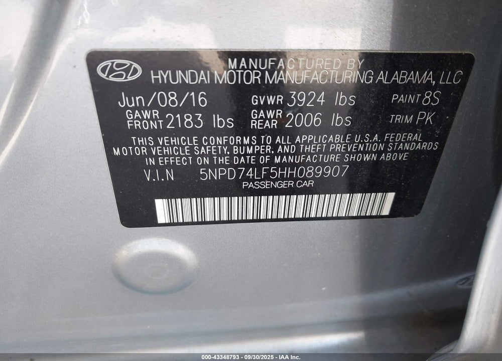 2017 HYUNDAI ELANTRA VIN: 5NPD74LF5HH089907