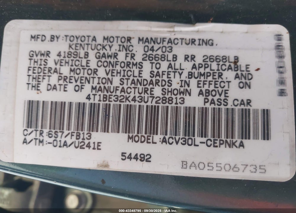 2003 TOYOTA CAMRY LE VIN: 4T1BE32K43U728813