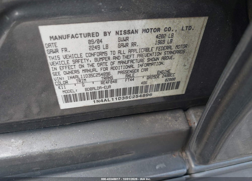 2005 NISSAN ALTIMA VIN: 1N4AL11D35C254896