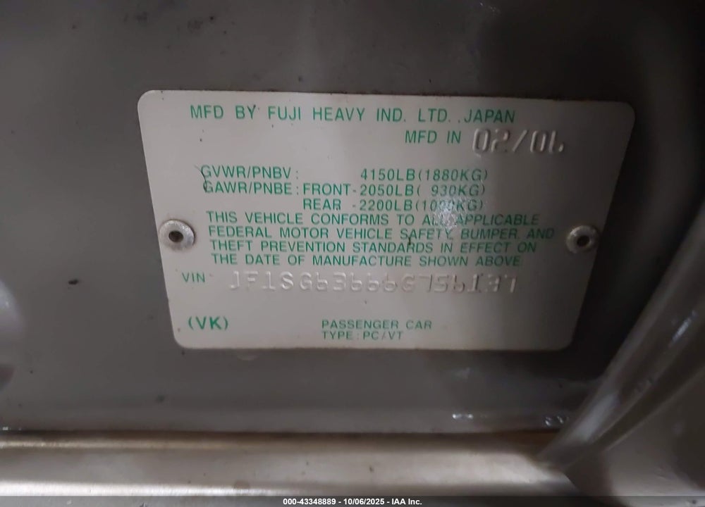 2006 SUBARU FORESTER 2.5X VIN: JF1SG63666G756137