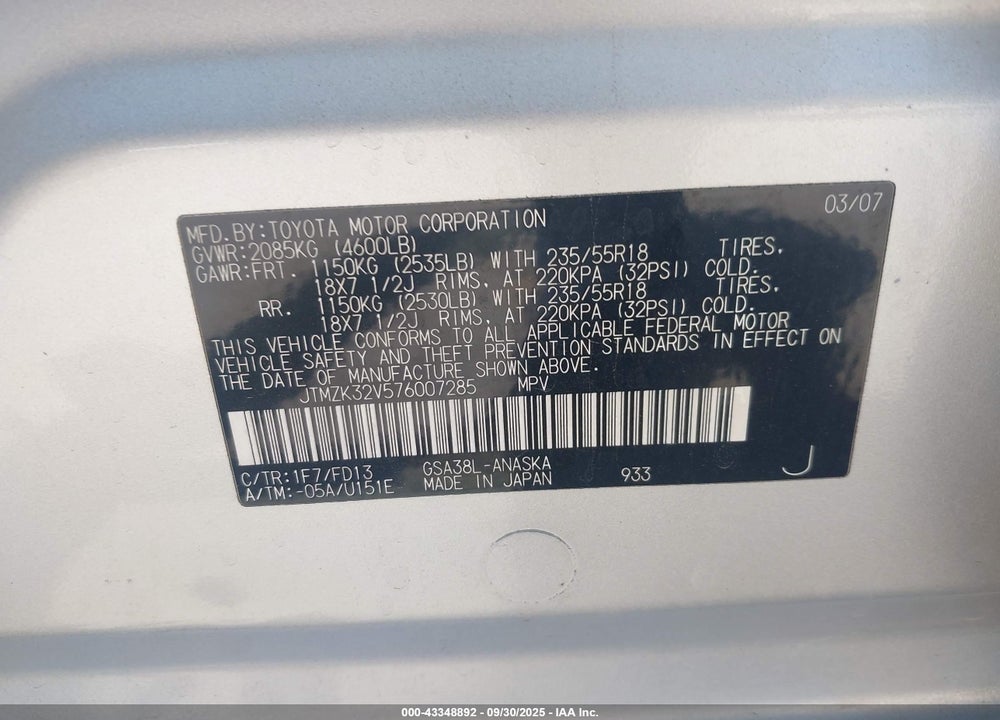 2007 TOYOTA RAV4 VIN: JTMZK32V576007285