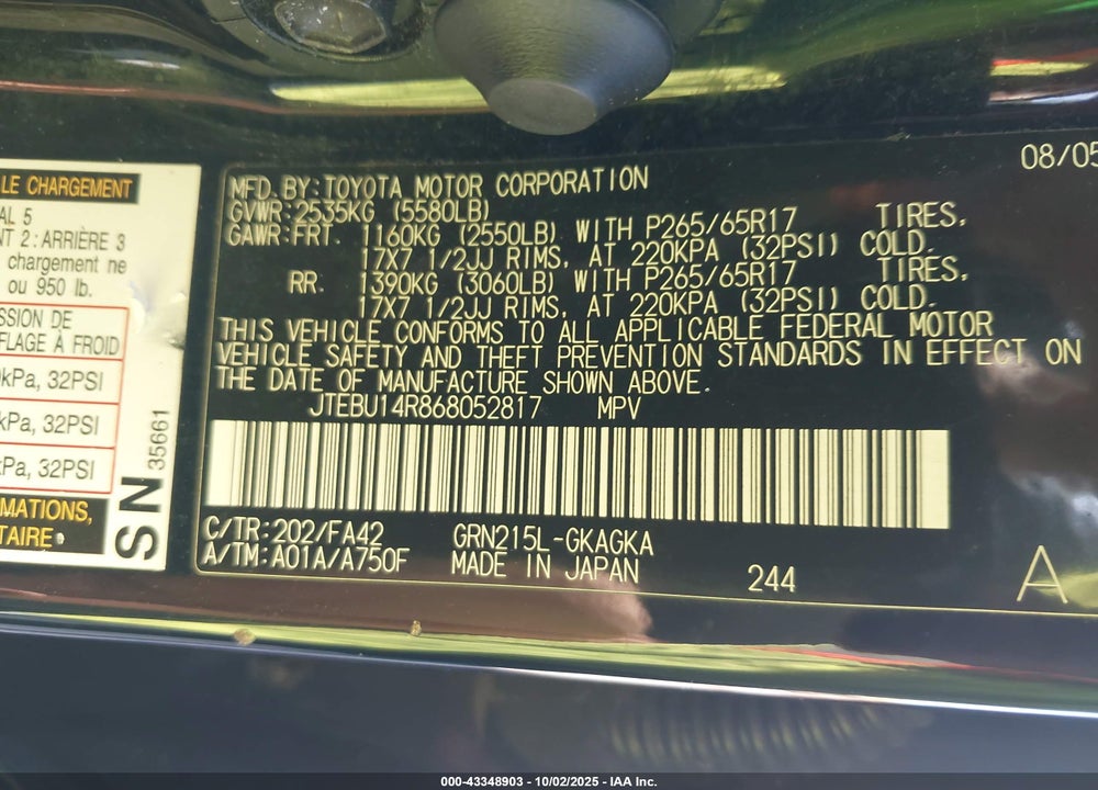2006 TOYOTA 4RUNNER SR5 V6 VIN: JTEBU14R868052817
