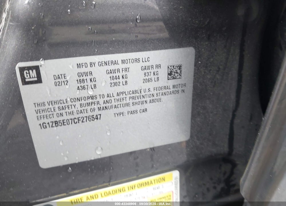2012 CHEVROLET MALIBU VIN: 1G1ZB5E07CF276547