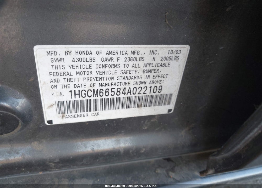 2004 HONDA ACCORD 3.0 EX VIN: 1HGCM66584A022109