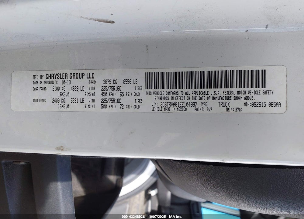 2014 RAM PROMASTER 1500 LOW ROOF VIN: 3C6TRVAG1EE104997
