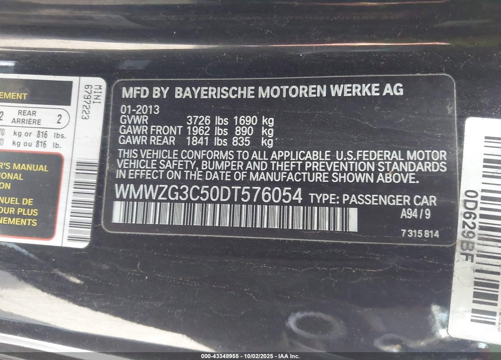 2013 MINI COOPER CLUBMAN VIN: WMWZG3C50DT576054