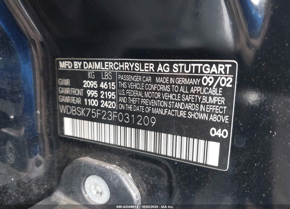 2003 MERCEDES-BENZ SL 500 VIN: WDBSK75F23F031209