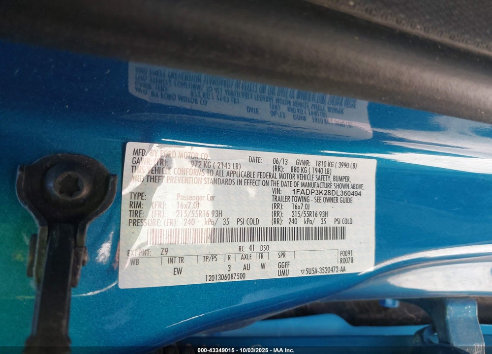 2013 FORD FOCUS VIN: 1FADP3K28DL360494