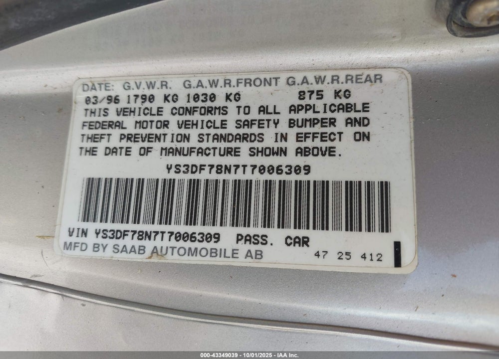1996 SAAB 900 SE TURBO VIN: YS3DF78N7T7006309