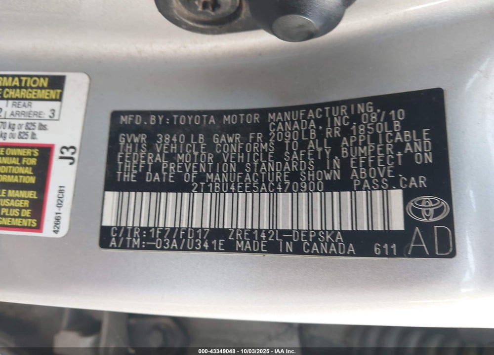 2010 TOYOTA COROLLA VIN: 2T1BU4EE5AC470900