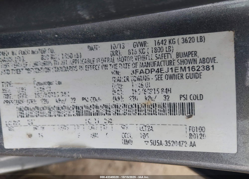 2014 FORD FIESTA SE VIN: 3FADP4EJ1EM162381