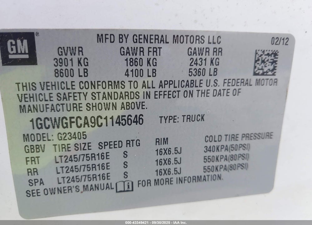 2012 CHEVROLET EXPRESS 2500 WORK VAN VIN: 1GCWGFCA9C1145646