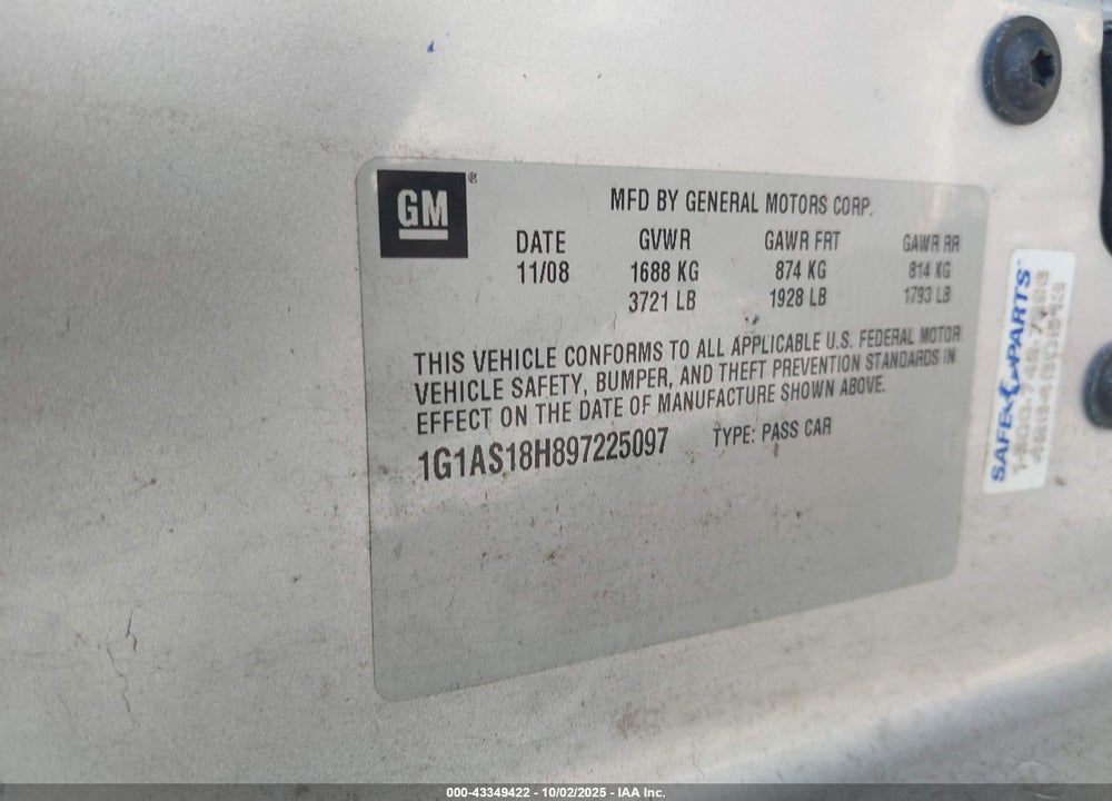 2009 CHEVROLET COBALT VIN: 1G1AS18H897225097