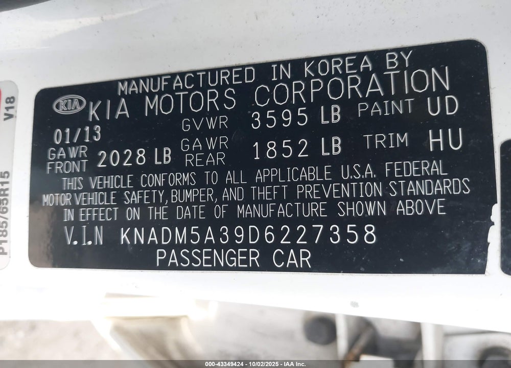 2013 KIA RIO VIN: KNADM5A39D6227358