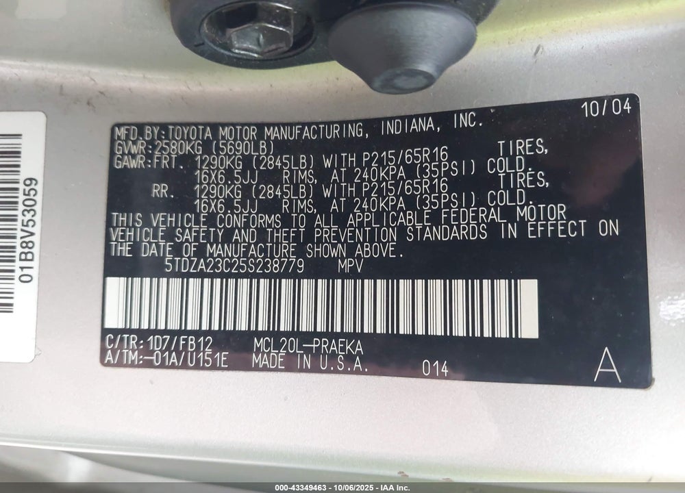 2005 TOYOTA SIENNA LE VIN: 5TDZA23C25S238779