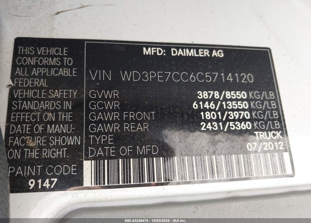 2012 MERCEDES-BENZ SPRINTER 2500 NORMAL ROOF VIN: WD3PE7CC6C5714120