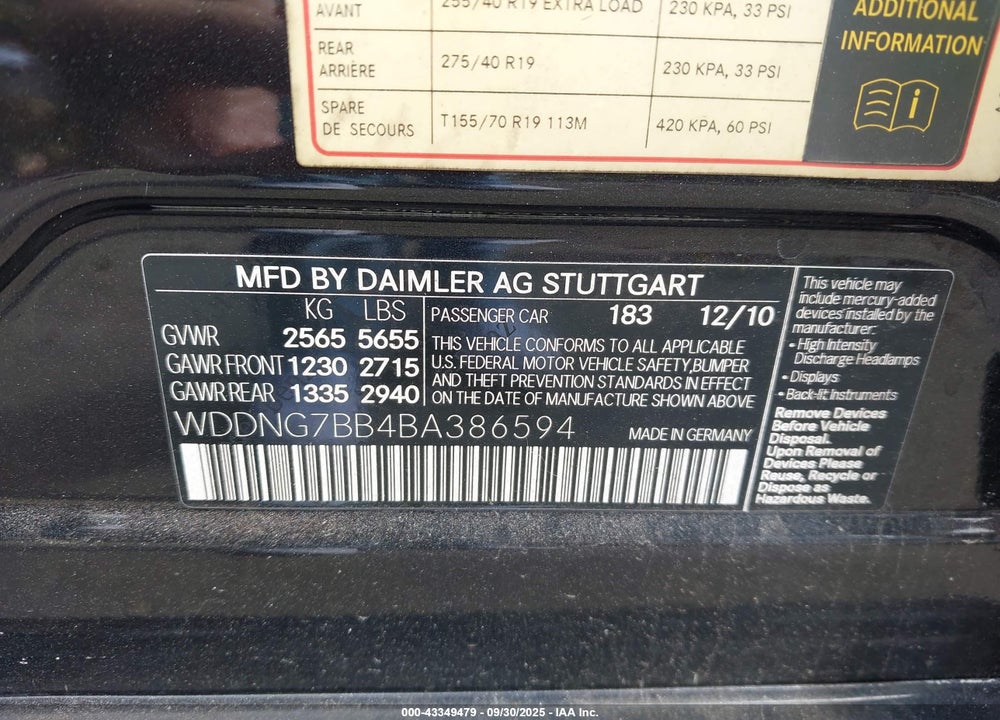2011 MERCEDES-BENZ S 550 VIN: WDDNG7BB4BA386594