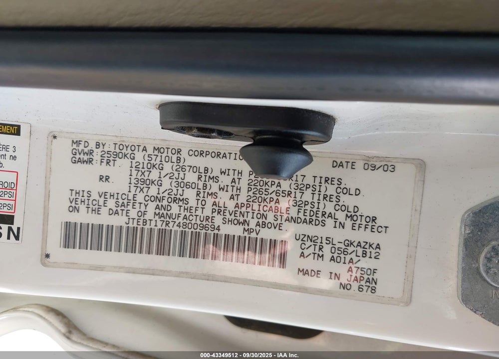 2004 TOYOTA 4RUNNER LIMITED V8 VIN: JTEBT17R748009694