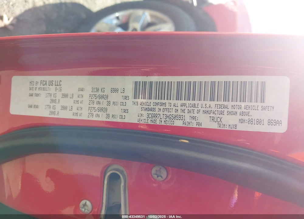 2017 RAM 1500 VIN: 3C6RR7LT3HG505931