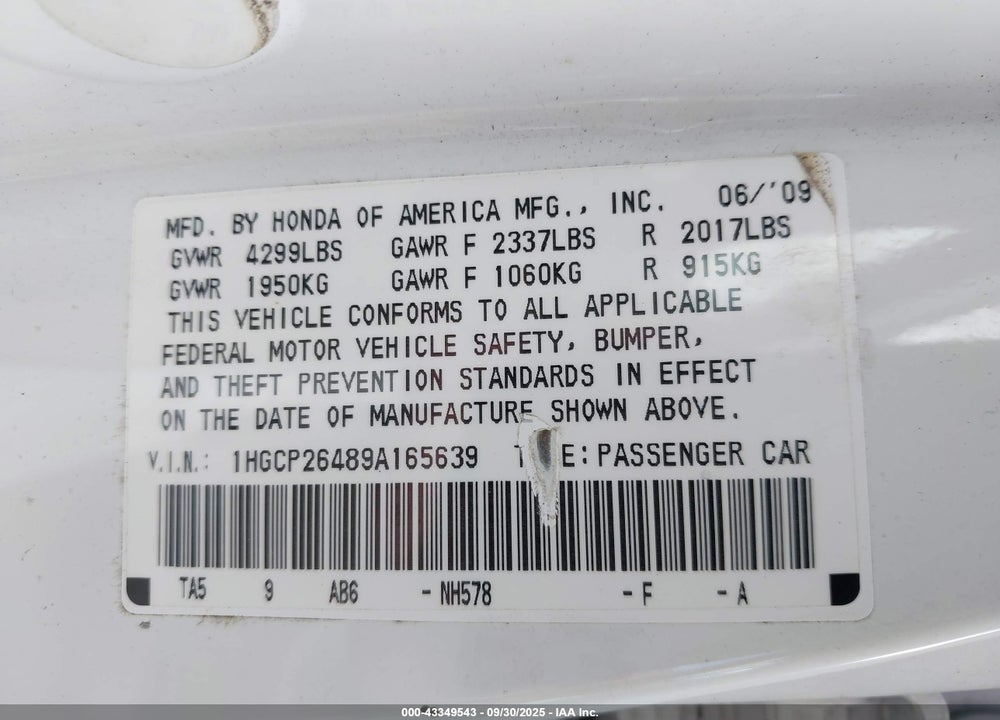 2009 HONDA ACCORD 2.4 LX-P VIN: 1HGCP26489A165639