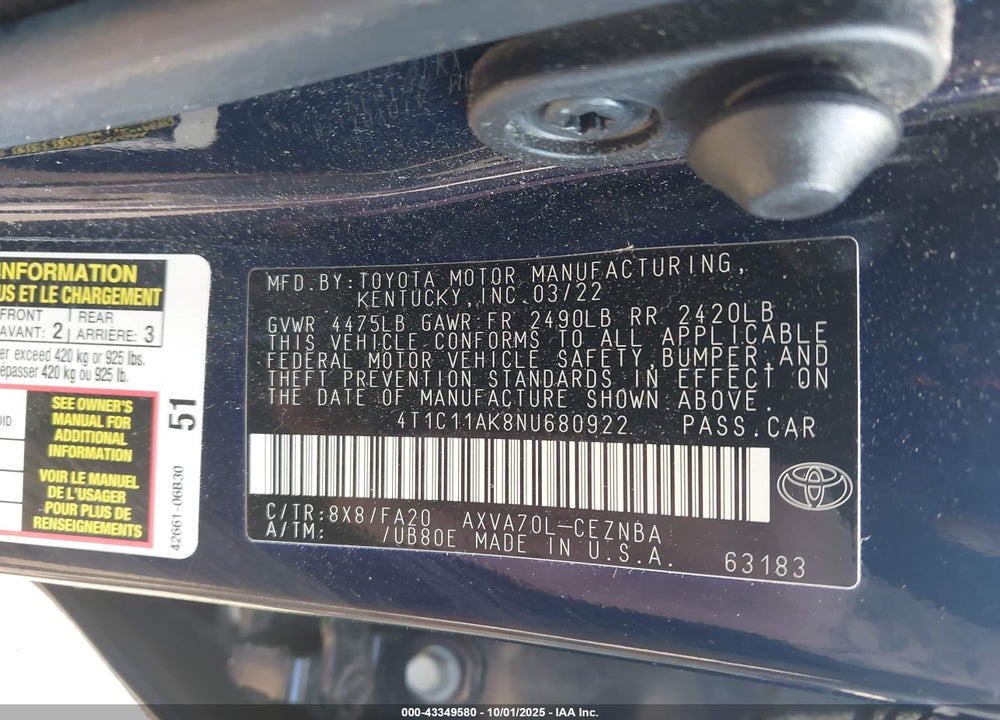 2022 TOYOTA CAMRY VIN: 4T1C11AK8NU680922
