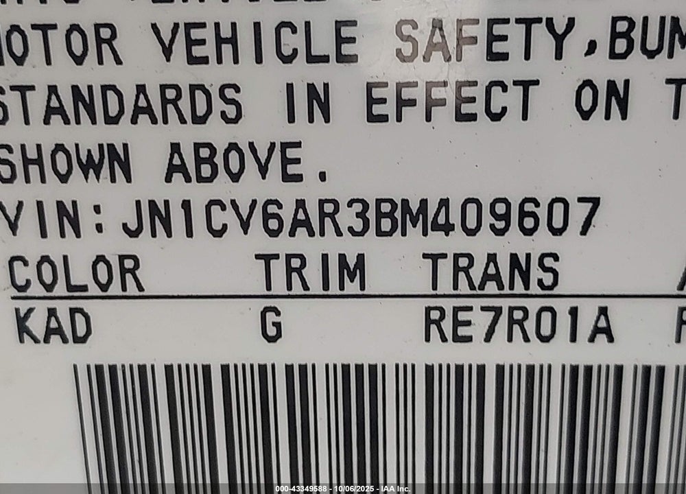 2011 INFINITI G37 VIN: JN1CV6AR3BM409607