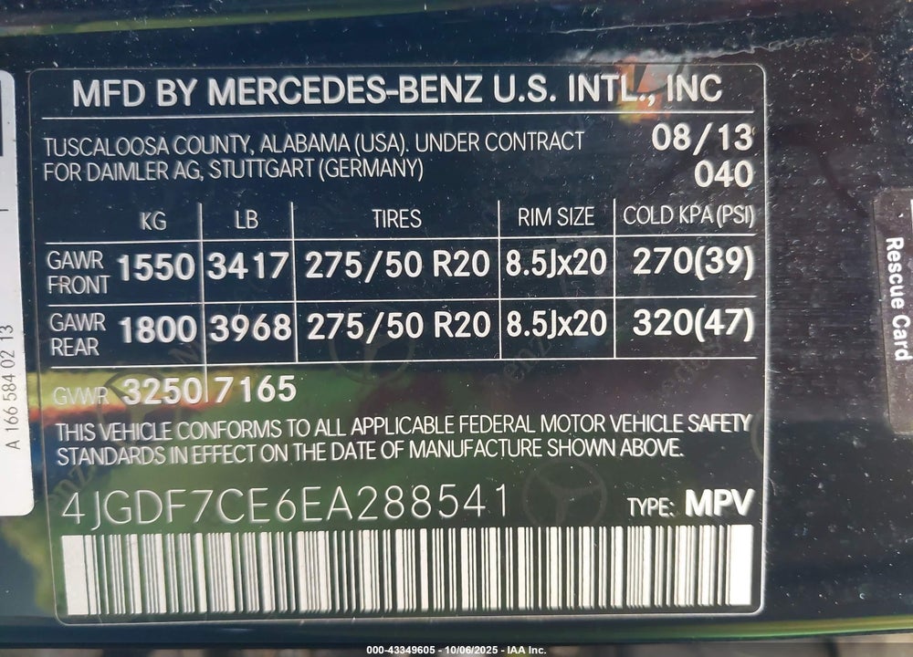 2014 MERCEDES-BENZ GL-CLASS VIN: 4JGDF7CE6EA288541