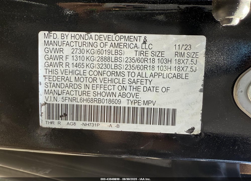 2024 HONDA ODYSSEY EX-L VIN: 5FNRL6H68RB018609