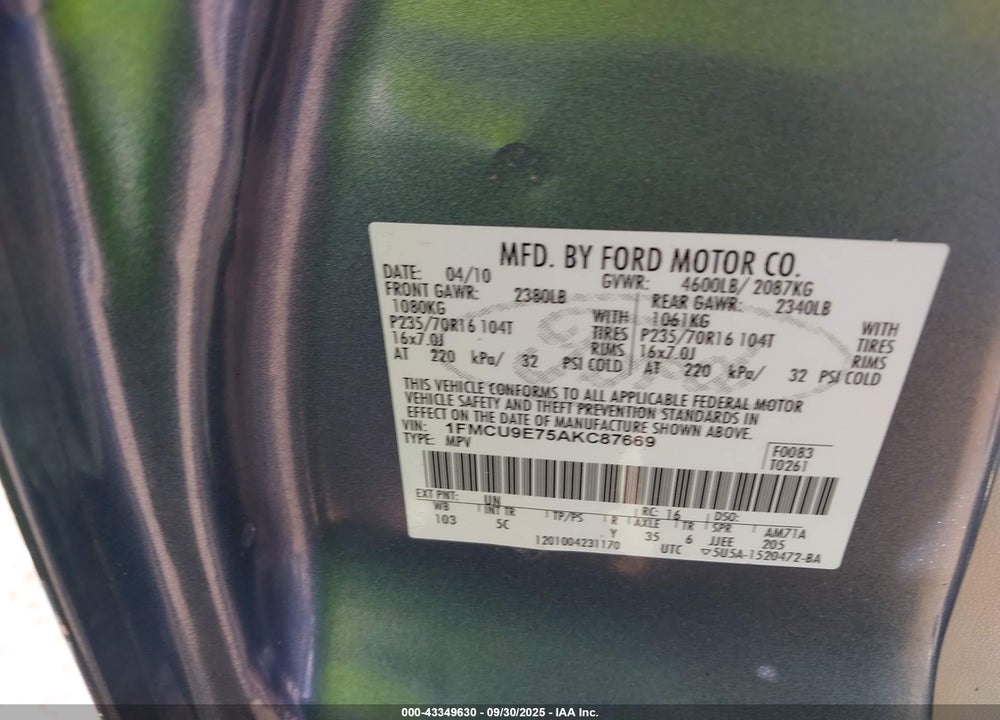 2010 FORD ESCAPE VIN: 1FMCU9E75AKC87669