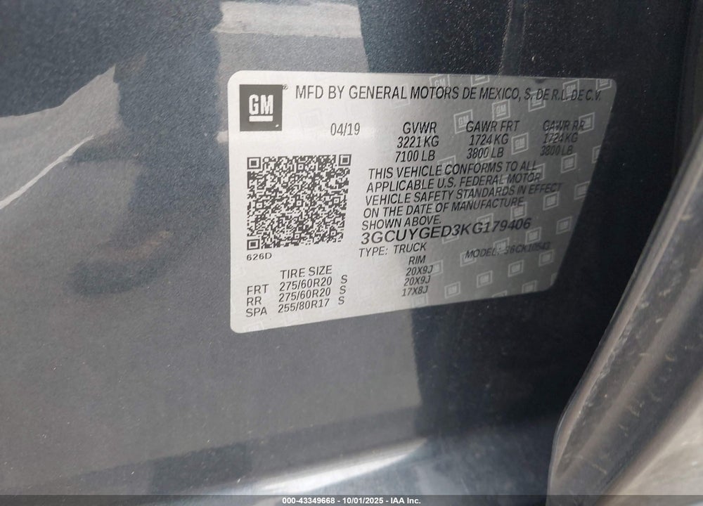 2019 CHEVROLET SILVERADO 1500 LTZ VIN: 3GCUYGED3KG179406