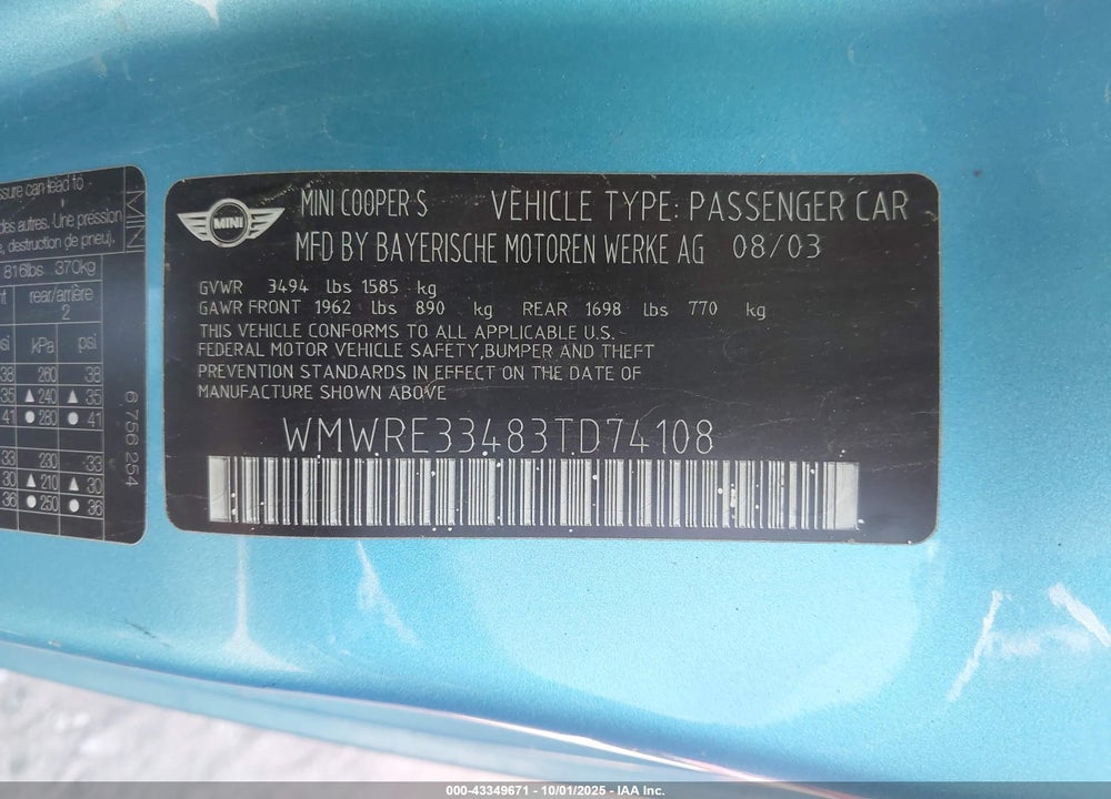 2003 MINI COOPER S VIN: WMWRE33483TD74108