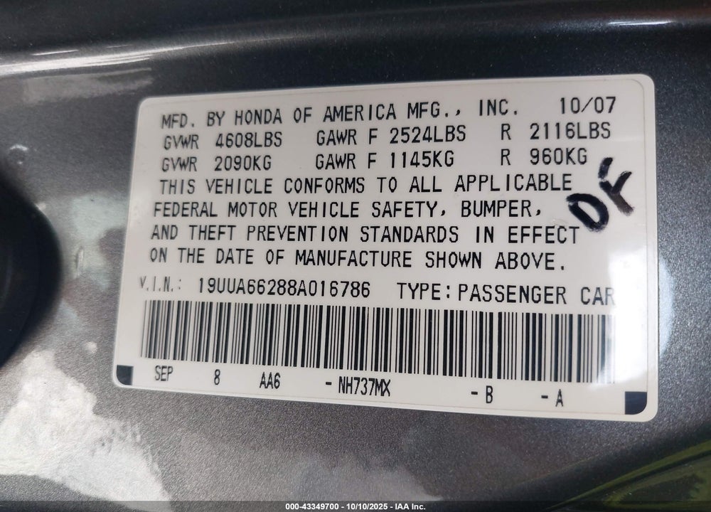 2008 ACURA TL 3.2 VIN: 19UUA66288A016786