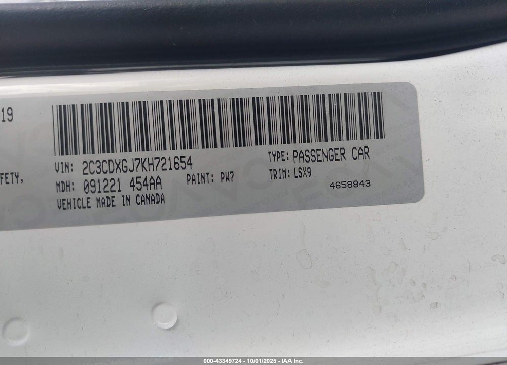 2019 DODGE CHARGER SCAT PACK RWD VIN: 2C3CDXGJ7KH721654
