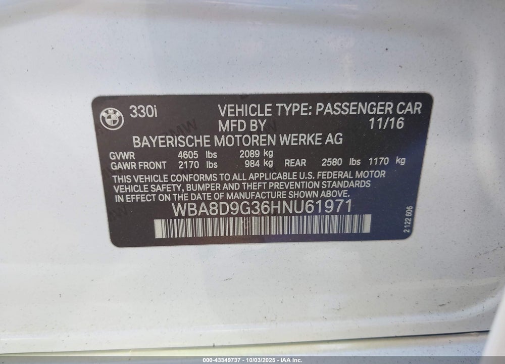 2017 BMW 330I XDRIVE VIN: WBA8D9G36HNU61971
