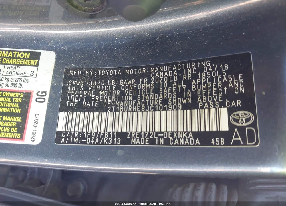 2018 TOYOTA COROLLA VIN: 2T1BURHE8JC101909