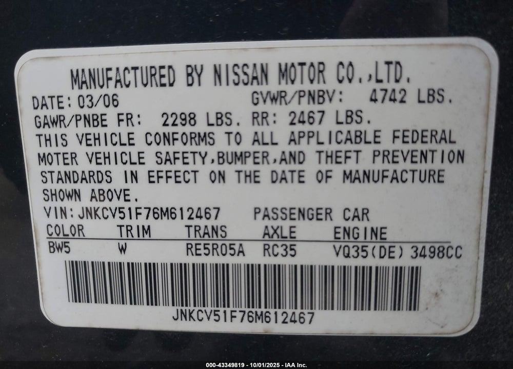 2006 INFINITI G35X VIN: JNKCV51F76M612467