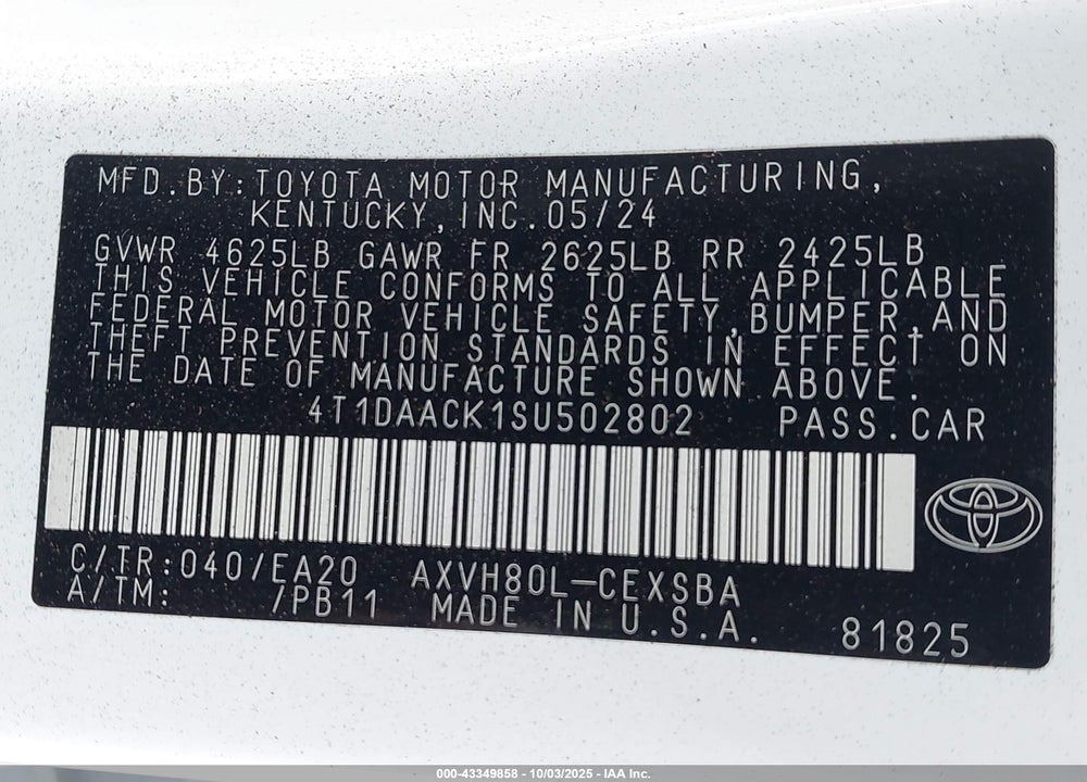 2025 TOYOTA CAMRY VIN: 4T1DAACK1SU502802