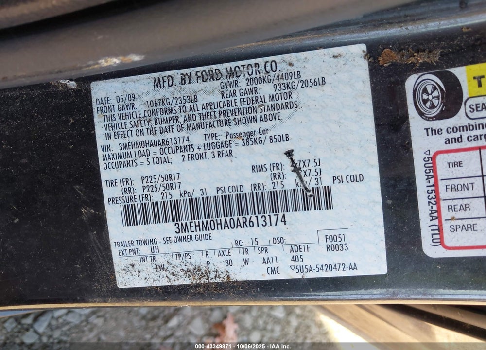 2010 MERCURY MILAN VIN: 3MEHM0HA0AR613174